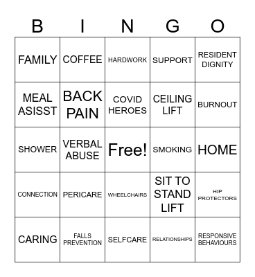 Resident Care Aide Bingo Card