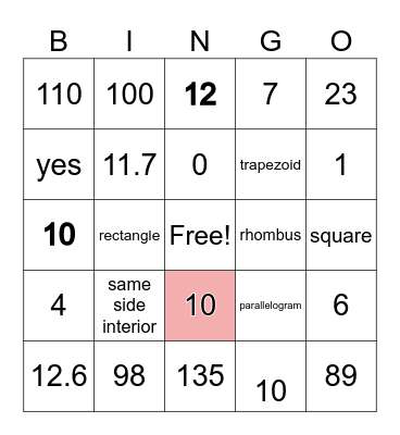 Quadrilaterals Test Review Bingo Card