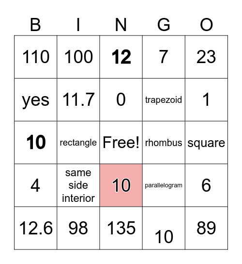 Quadrilaterals Test Review Bingo Card