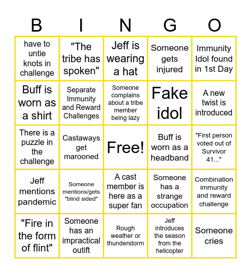 Survivor Premiere Bingo Card