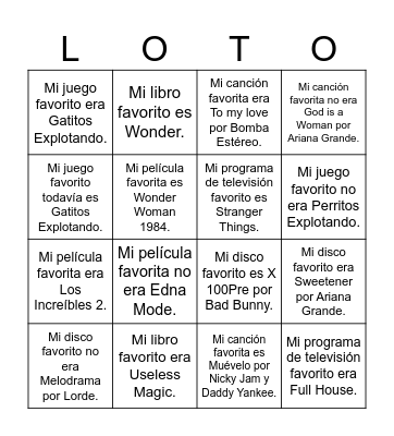 Cosas favoritas ahora y antes Bingo Card