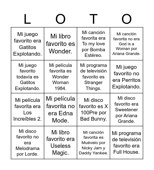 Cosas favoritas ahora y antes Bingo Card