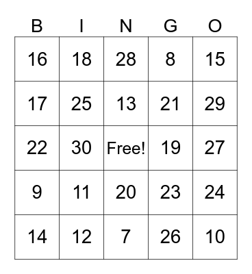 Los Numeros 0-30 Bingo Card