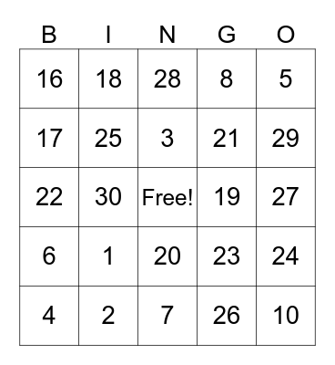 Los Numeros 0-30 Bingo Card