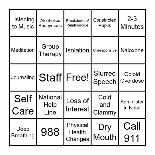 Narcan Administration and Substance Abuse Bingo Card