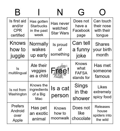 Human Bingo! Find Somebody Who... Bingo Card
