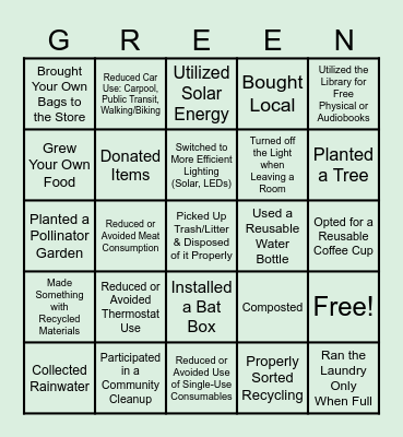 Sustainability Bingo: What Have You Done in the Last Year? Bingo Card