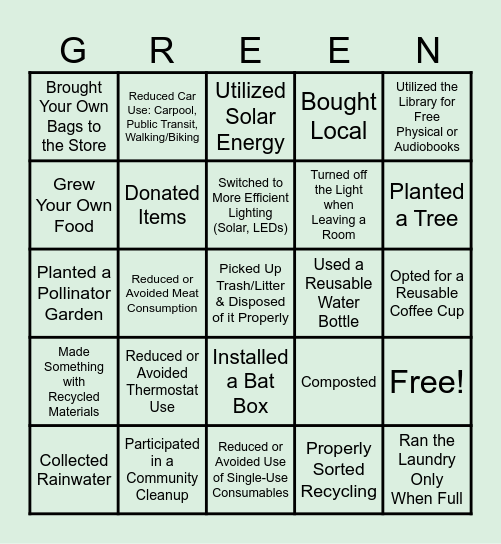 Sustainability Bingo: What Have You Done in the Last Year? Bingo Card