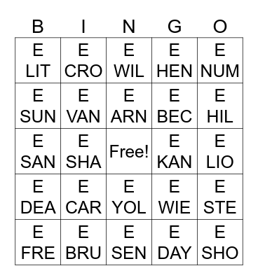 Call number Bingo Card