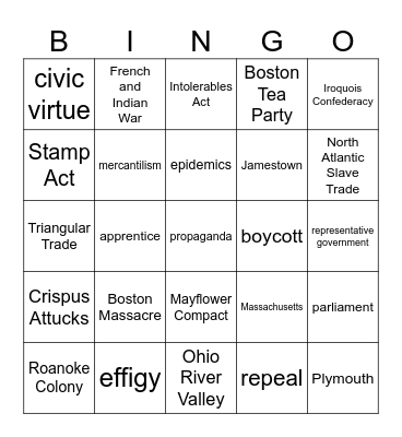 13 Colonies Bingo Card