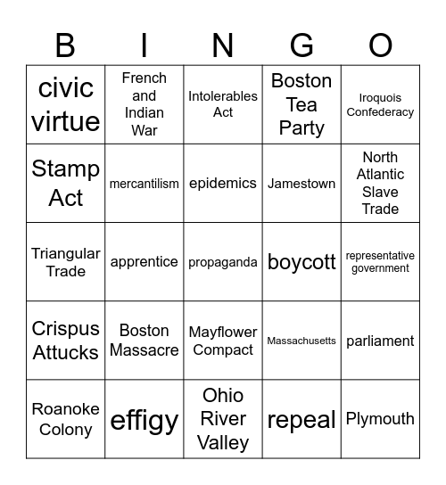 13 Colonies Bingo Card