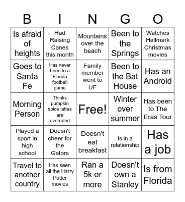 College Night Bingo Card