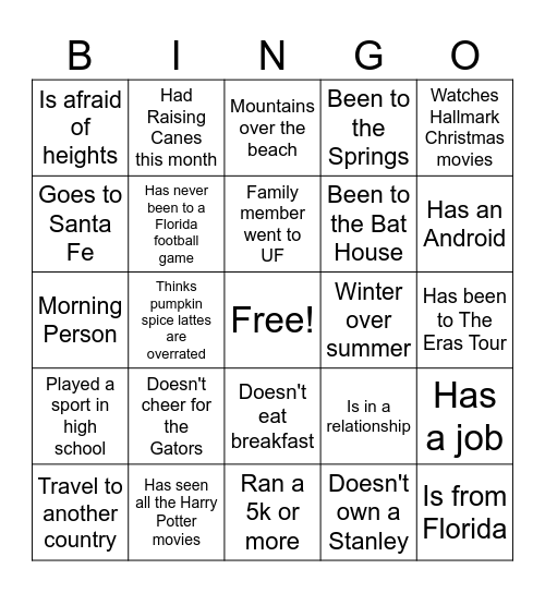 College Night Bingo Card