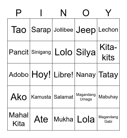 Filipino Bingo Card