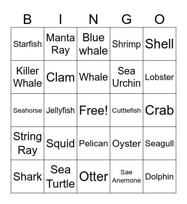 Sea Animal Bingo Card