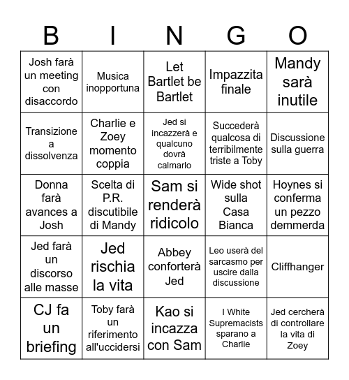 The West Wing S1 finale Bingo Card