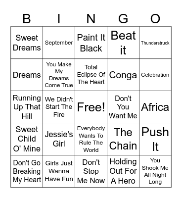 70's & 80's Bingo Card