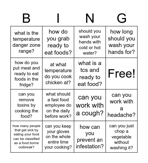 food safety bingo Card