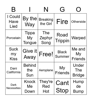 Red Hot Chili Peppers Essentials Bingo Card