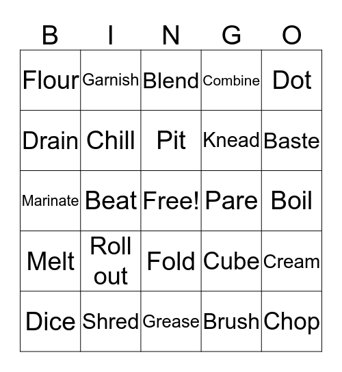 Cooking Terms Bingo Card