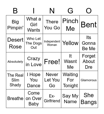 2000's Pop Hits Bingo Card