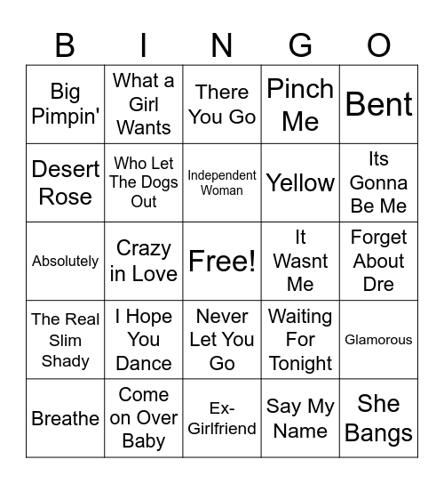 2000's Pop Hits Bingo Card