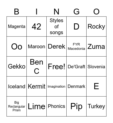 Monday 3rd September Bingo Card