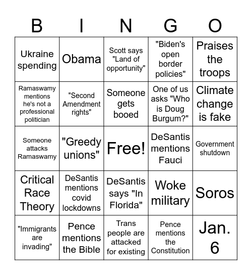 GOP Debate Bingo Card