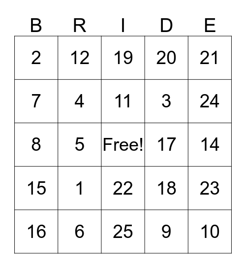 Amanda's Bridal Shower Bingo Card