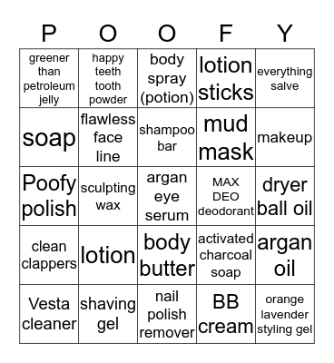 My Favorite Poofy Products Bingo Card