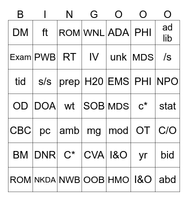 Medical Terminology Bingo Card