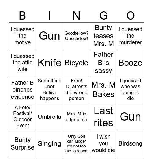 Father Brown Down and Dirty Bingo Card