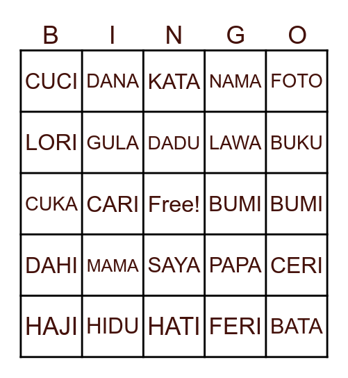 BAHASA MELAYU Bingo Card