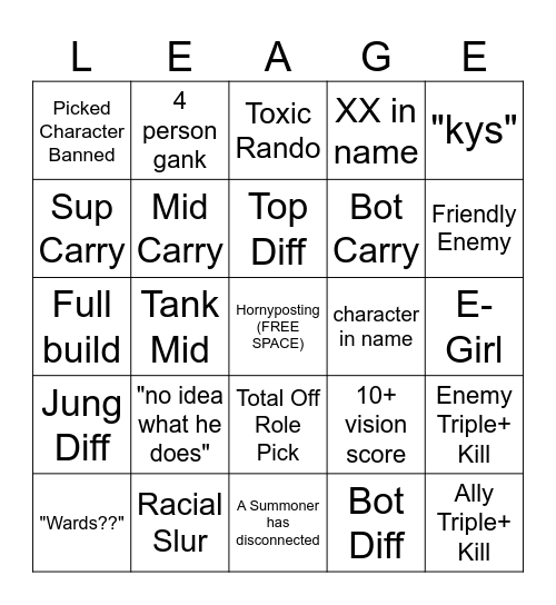 League Bingo Card