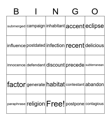Vocabulary Review List 2 Bingo Card