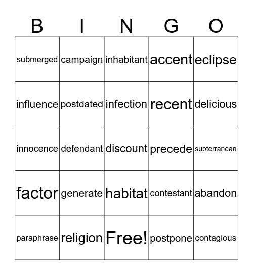 Vocabulary Review List 2 Bingo Card