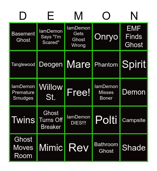 Phasmophobia Bingo Card
