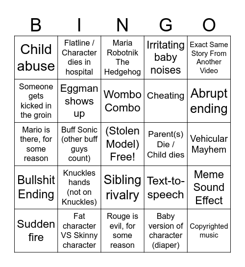 Sonic Finger Family Bingo (Family Friendly Edition) Bingo Card