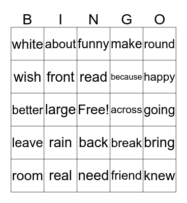 High Frequency Words Bingo Card
