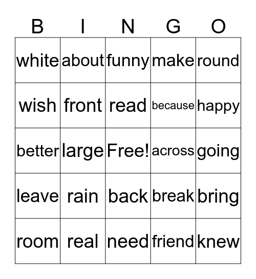 High Frequency Words Bingo Card