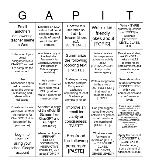 GAPIT (Teacher AI Bingo!) Bingo Card