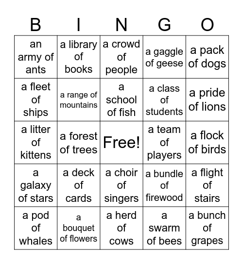 Collective Nouns Bingo Card