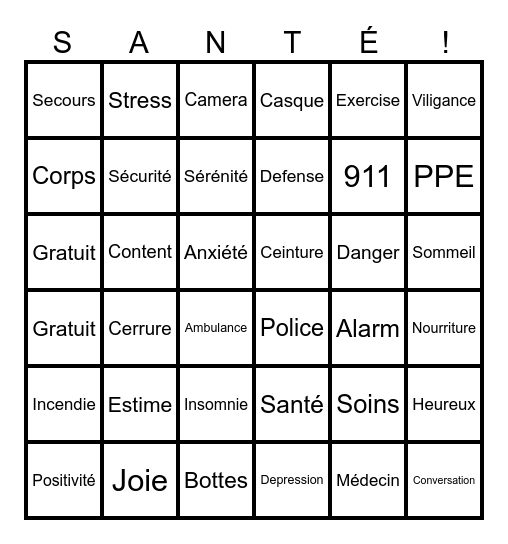 Santé & Securité Bingo Card