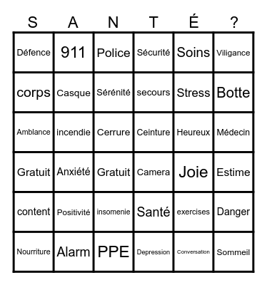 Sante et Sécurité Bingo Card