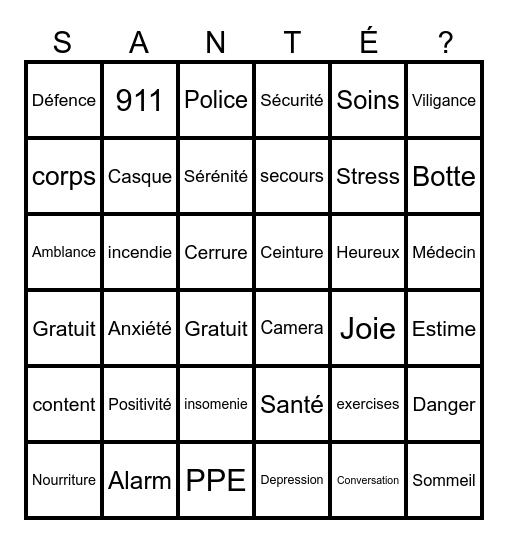 Sante et Sécurité Bingo Card