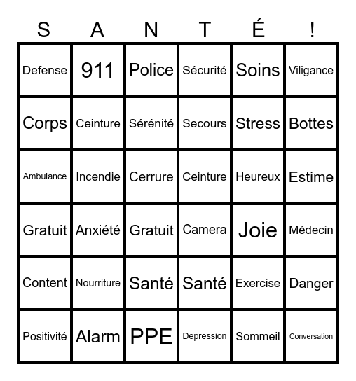 Santé & Securité Bingo Card