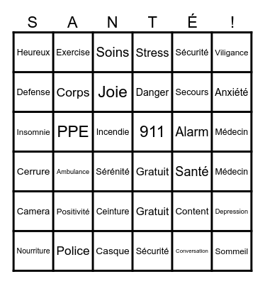 Santé & Sécurité Bingo Card