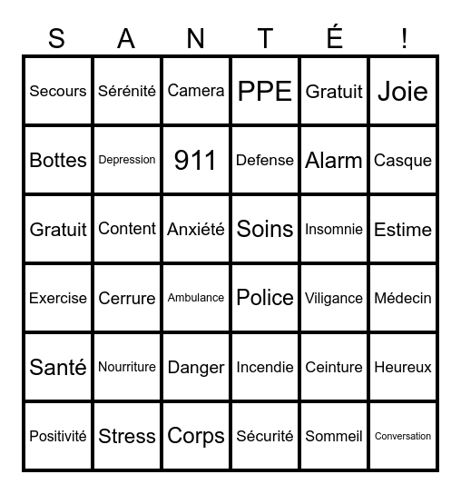 Santé & Sécurité Bingo Card