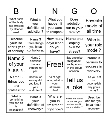 Recovery Bingo Card