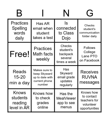 Family Night Bingo Card